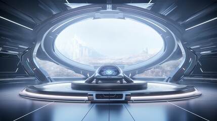 mockup poster frame in a futuristic spaceship interior with sleek, high-tech furniture.