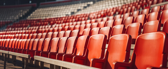 Fototapeta premium Rows of empty chairs at sport stadium. Wide banner. Generative AI