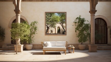 Imagine a serene mockup poster frame on a fine-honed marble wall in a Mediterranean-style courtyard with wrought-iron furniture.