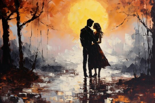 Naklejki Oil painting of a couple in love