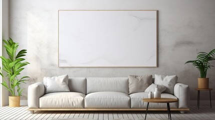 In a modern living room designed in the Scandinavian style, a mockup poster blank frame hangs on a rough honed marble wall.