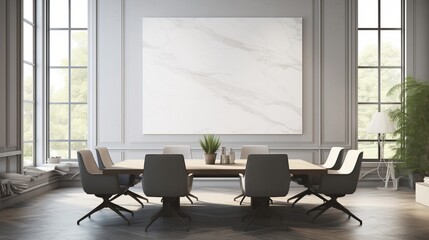 In a modernoffice room with polished marble walls, a blank poster frame takes center stage.