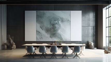 A modern office room with polished marble walls, a blank poster frame takes center stage.