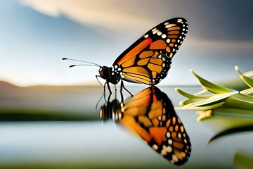 Fototapeta na wymiar A Monarch butterfly is sitting on the surface of the water.