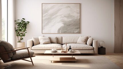 In a Scandinavian-inspired modern living room, a blank poster frame hangs on a rough honed marble wall.