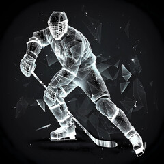 Hockey player goalkeeper polygonal silhouette with stick kicking puck