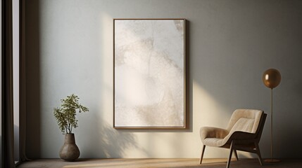 In a Scandinavian-inspired modern study room, a blank poster frame hangs on a rough honed marble wall.