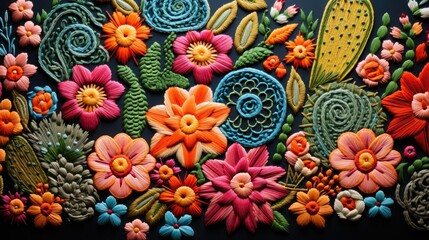 close-up fabric texture with embroidered Mexican cactus, flowers, and geometric pattern - obrazy, fototapety, plakaty