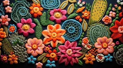 Foto op Plexiglas close-up fabric texture with embroidered Mexican cactus, flowers, and geometric pattern © Татьяна Креминская