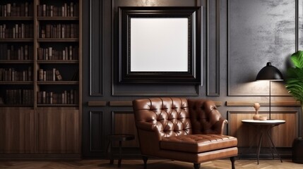 o A Mockup poster blank frame, hanging on marble wall, above leather recliner, Classic library