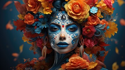 Close up photo of a woman in traditional Day of the Dead costume and make up (D&iacute;a de Muertos)