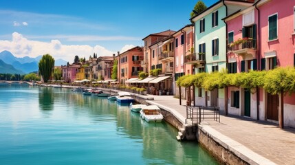 Fototapeta na wymiar Peschiera del Garda, a picturesque village adorned with colorful houses, nestled along the stunning shores of Lake Lago di Garda in the Verona province of Italy