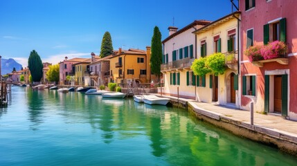 Peschiera del Garda, a picturesque village adorned with colorful houses, nestled along the stunning shores of Lake Lago di Garda in the Verona province of Italy - obrazy, fototapety, plakaty