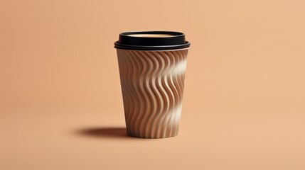 A 3D illustration of a paper cup filled with black coffee, set against a beige background. This visual presentation highlights the simple elegance of a coffee cup