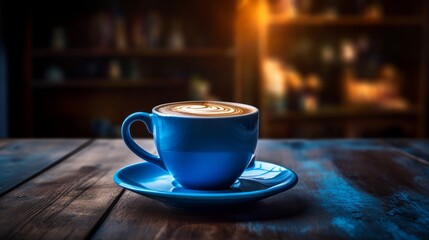 A cup of coffee in a blue cup on a wooden table inside a cozy cafe, with warm lighting in the background. This inviting scene captures the ambiance of a cafe setting