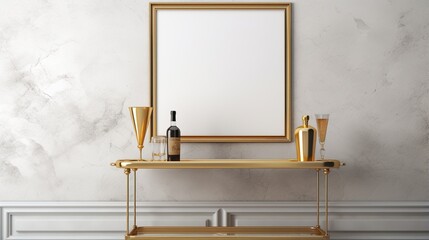 o A Mockup poster blank frame, hanging on marble wall, above vintage bar cart, Gatsby-inspired lounge