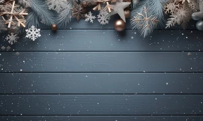 Fotobehang Christmas background. Spruce branch and snowflakes frame. Space for text. © TheoTheWizard