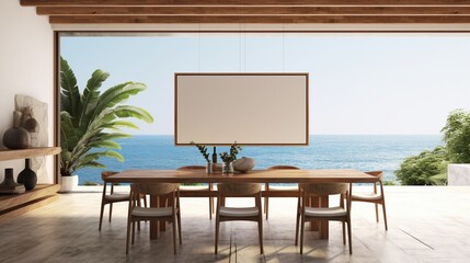 A Mockup poster blank frame, hanging on marble wall, above coastal dining table, Beachfront villa