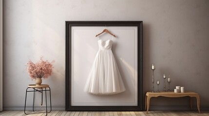 A Mockup poster blank frame, hanging on marble wall, above antique vanity, Victorian dressing room