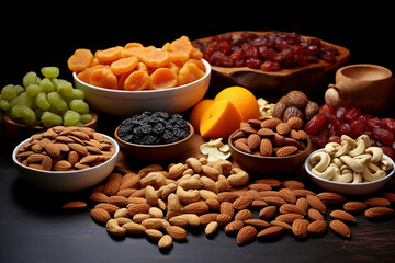 Foods with abundant vitamin E. Dried fruits, generative ai.