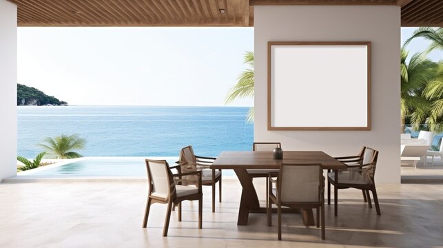  A Mockup poster blank frame, hanging on marble wall, above coastal dining table, Beachfront villa