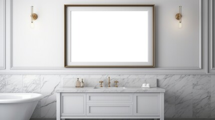  A Mockup poster blank frame, hanging on marble wall, above antique vanity, Victorian dressing room