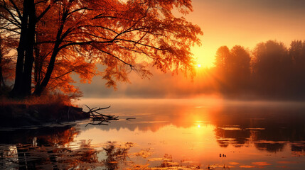 Obraz premium Orange autumn on the river. Generative Ai