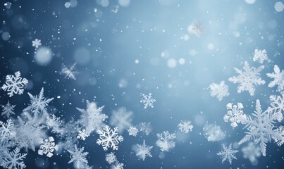 Falling snowflakes on blue background. Blurred snowflakes. Christmas background. - obrazy, fototapety, plakaty