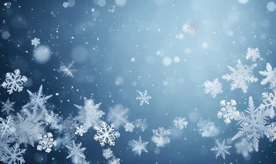 Fotobehang Falling snowflakes on blue background. Blurred snowflakes. Christmas background. © TheoTheWizard