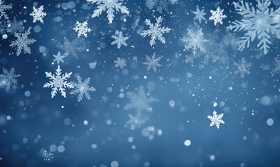 Falling snowflakes on blue background. Blurred snowflakes. Christmas background.