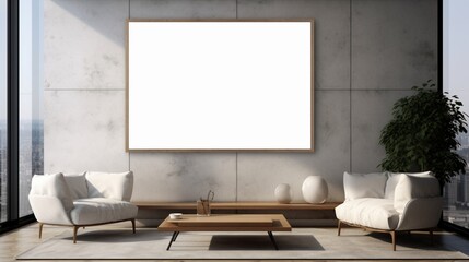 Mockup poster blank frame, hanging on marble wall, above glass-top coffee table, Contemporary penthouse
