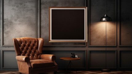 Mockup poster blank frame, hanging on marble wall, above leather armchair, Classic gentleman's den - obrazy, fototapety, plakaty