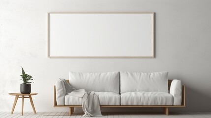 Mockup poster blank frame, hanging on marble wall, above minimalist coffee table, Contemporary loft