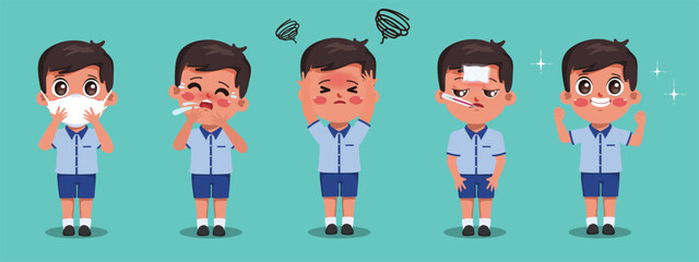 Fototapeta premium Indian kid student symptom of sick character. Bharat cartoon children to school.