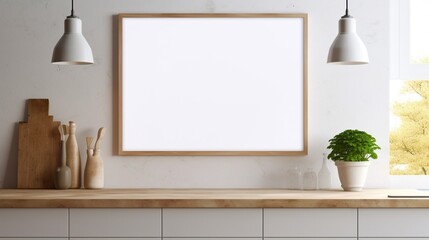 Mockup poster blank frame, hanging on marble wall, above farmhouse kitchen island, Rustic farmhouse
