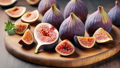 fresh figs on a wooden table, A fresh whole figs with on a wooden kitchen board. Food Photo. Ripe delicious figs on wooden background