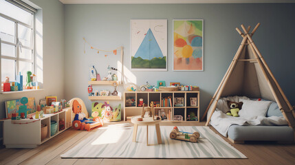 A child's bedroom designed for digital detox, with creative physical toys, art supplies, and books, encouraging a break from screen time and promoting holistic development.