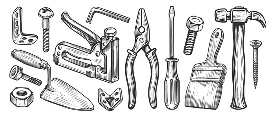 Set of hand work tools for construction or repair work. Hand drawn sketch illustration - obrazy, fototapety, plakaty
