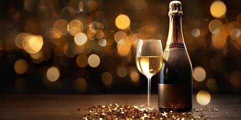 Happy new year 2024, New Year's Eve party event festive celebration greeting card - Champagne sparkling wine bottle on table with golden glitter confetti, firework and bokeh lights | Generative AI