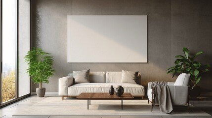 o A Mockup poster blank frame, hanging on marble wall, above glass-top coffee table, Contemporary penthouse