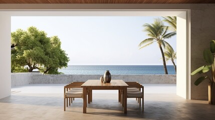 o A Mockup poster blank frame, hanging on marble wall, above coastal dining table, Beachfront villa
