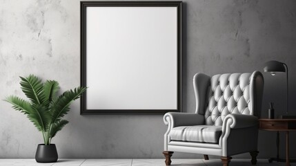 o A Mockup poster blank frame, hanging on marble wall, above leather armchair, Classic gentleman's den - obrazy, fototapety, plakaty