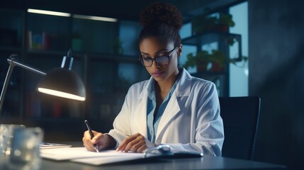 Female doctor with working and doing handwriting at the office desk at night. - obrazy, fototapety, plakaty