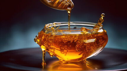 Liquid gold pouring honey in glass bowl, AI Generated