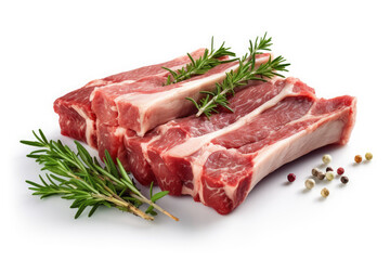 Lamb Ribs meat and herbs isolated on white, Generative AI