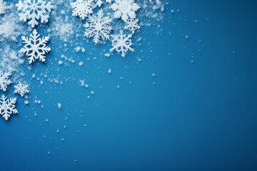 Winter theme greeting card background, snowflakes on blue background - 651700542