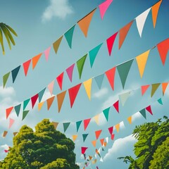 colorful pennant string decoration in green tree foliage on blue sky, summer party background template banner with copy space | Generative AI