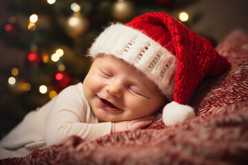 Newborn Baby Smiling While Sleeping Wearing Santa Hat For Christmas