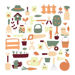 Set of icons of garden tools. Design of garden shop, garden centers. All objects are separated. Vector illustration.