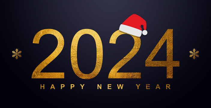 Happy New Year 2024 and Merry Christmas. Golden luxury design. Santa Clause hat.
